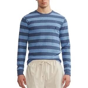 Polo Ralph Lauren Men's Blue Stripe Waffle Knit Thermal Crew-Neck Size S